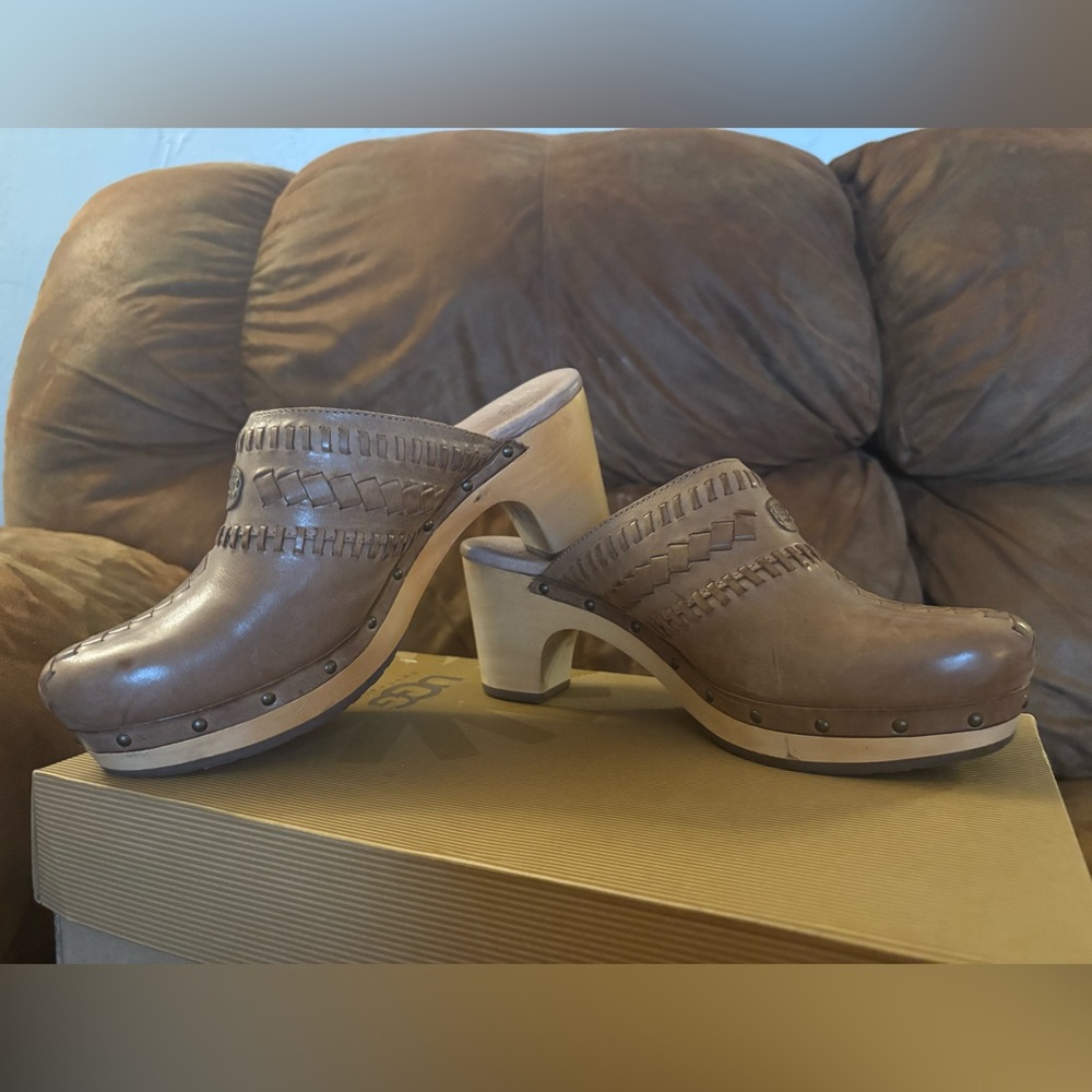 UGG Women's Brown Leather Mules - Picture 2 of 5